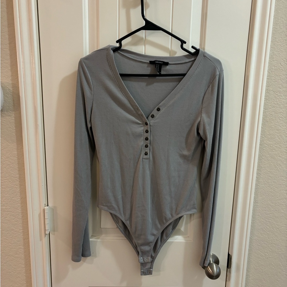 Gray Long Sleeve Button-Up Bodysuit